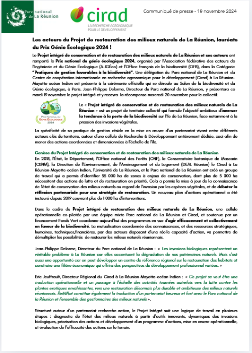 Les acteurs du Projet de restauration des milieux naturels de La Réunion, lauréats du Prix Génie Écologique 2024 !